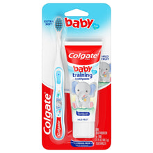 Baby toothbrush and fluoride-free training toothpaste kit, front blister pack