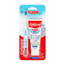 Baby toothbrush and fluoride-free training toothpaste kit in blister pack with blue brush