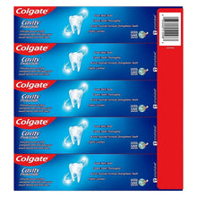 Colgate Cavity Protection toothpaste 5-pack box back panel with tooth and fluoride claims