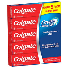 Colgate Cavity Protection toothpaste 5-pack box, angled view, strengthens teeth with fluoride