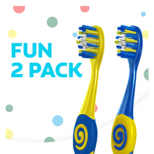 Two kids toothbrushes set, blue and yellow handles with extra-soft bristle heads