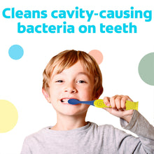 Child using a blue and yellow extra-soft kids toothbrush held near the mouth