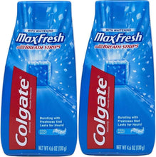 Colgate Max Fresh cool mint liquid toothpaste bottle, whitening, mini breath strips