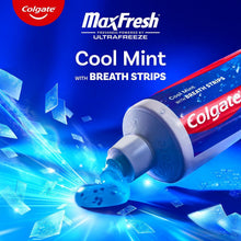 Colgate MaxFresh Cool Mint toothpaste tube with breath strips, blue packaging