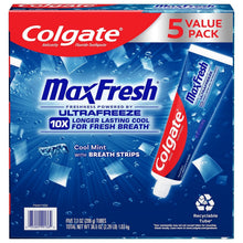 Colgate MaxFresh Cool Mint 5-pack toothpaste box with breath strips