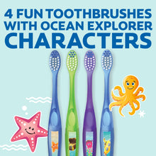Four ocean explorer kids toothbrushes with colorful handles and soft bristles