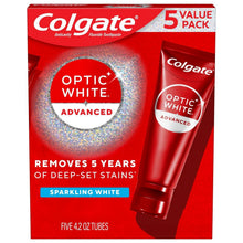 Colgate Optic White Advanced toothpaste 5-pack box with red tube on front
