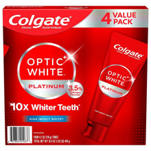 Colgate Optic White Platinum 4-pack whitening toothpaste boxes, red