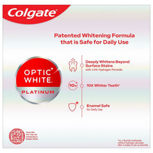 Colgate Optic White Platinum teeth whitening toothpaste box, 4 pk, 4.1 oz.