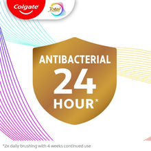 Colgate Total antibacterial 24 hour* shield badge on toothpaste promotion