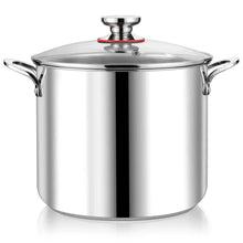 Stainless steel stock pot with glass lid and side handles, reflective body