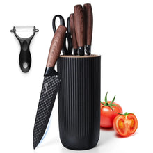 Kitchen knife set with black ribbed block and dark wood handles, chef and slicing knives