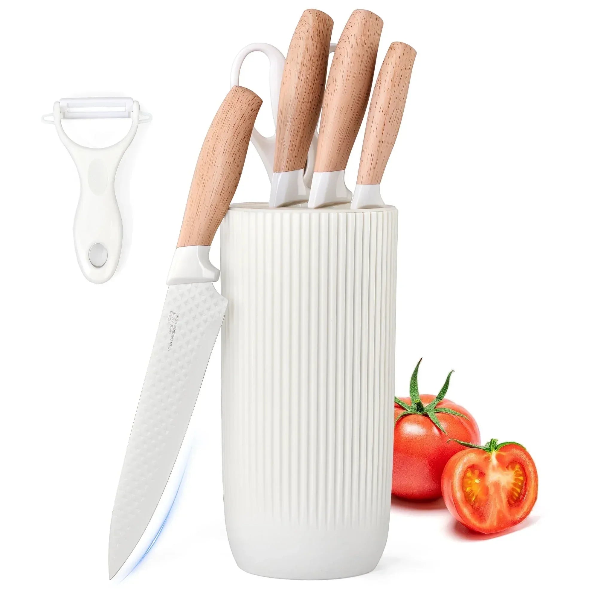 Joyfair Kitchen Knife Set, 7 Pcs Stainless Steel White Knives Block Set for Chef, Super Sharp Professional Knife Set with Universal Knife Block for Home Restaurant, Non-Stick & Anti-Rust - USA MEGA SHOP