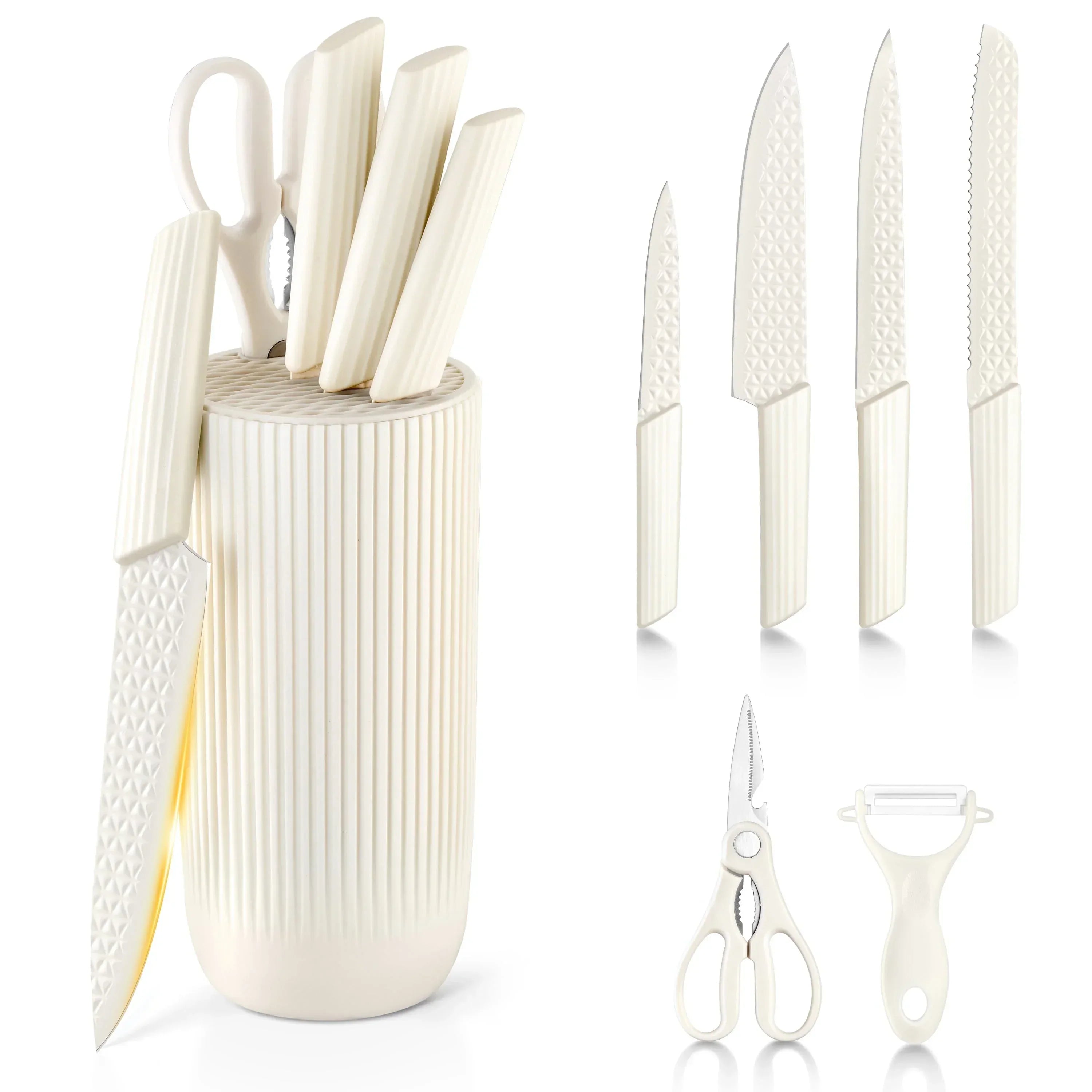 Joyfair Kitchen Knife Set, 7 Pcs Stainless Steel White Knives Block Set for Chef, Super Sharp Professional Knife Set with Universal Knife Block for Home Restaurant, Non-Stick & Anti-Rust - USA MEGA SHOP