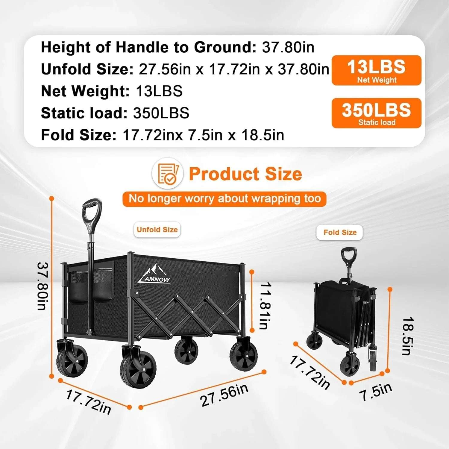 Collapsible Folding Wagon Cart, 350LBS Utility Large Capacity Cart Foldable Wagon with All Terrain Wheels, Grocery Wagons Carts for Garden Shopping Sports Camping