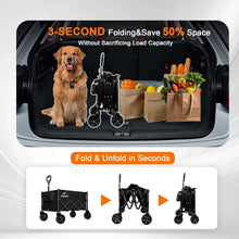 Folding wagon cart with open bed and side storage pockets for gear