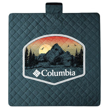 Outdoor blanket front patch with mountain graphic and Columbia logo, quilted