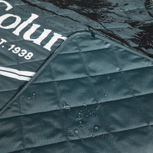 Quilted outdoor blanket fabric with water droplets and protective shell texture