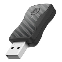 Wireless car adapter USB-A plug with carbon-fiber patterned casing, angled view