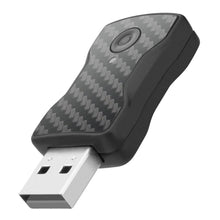 Wireless car adapter with USB plug and carbon-fiber texture, angled view