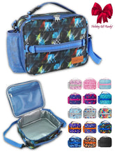 Kids insulated lunch bag with blue graphic print, zipper front pocket, and shoulder strap