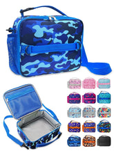 Kids insulated lunch bag in blue camouflage print with front zipper pocket and shoulder strap