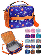 Kids insulated lunch bag with blue space print, zipper front pocket, and orange carry handle