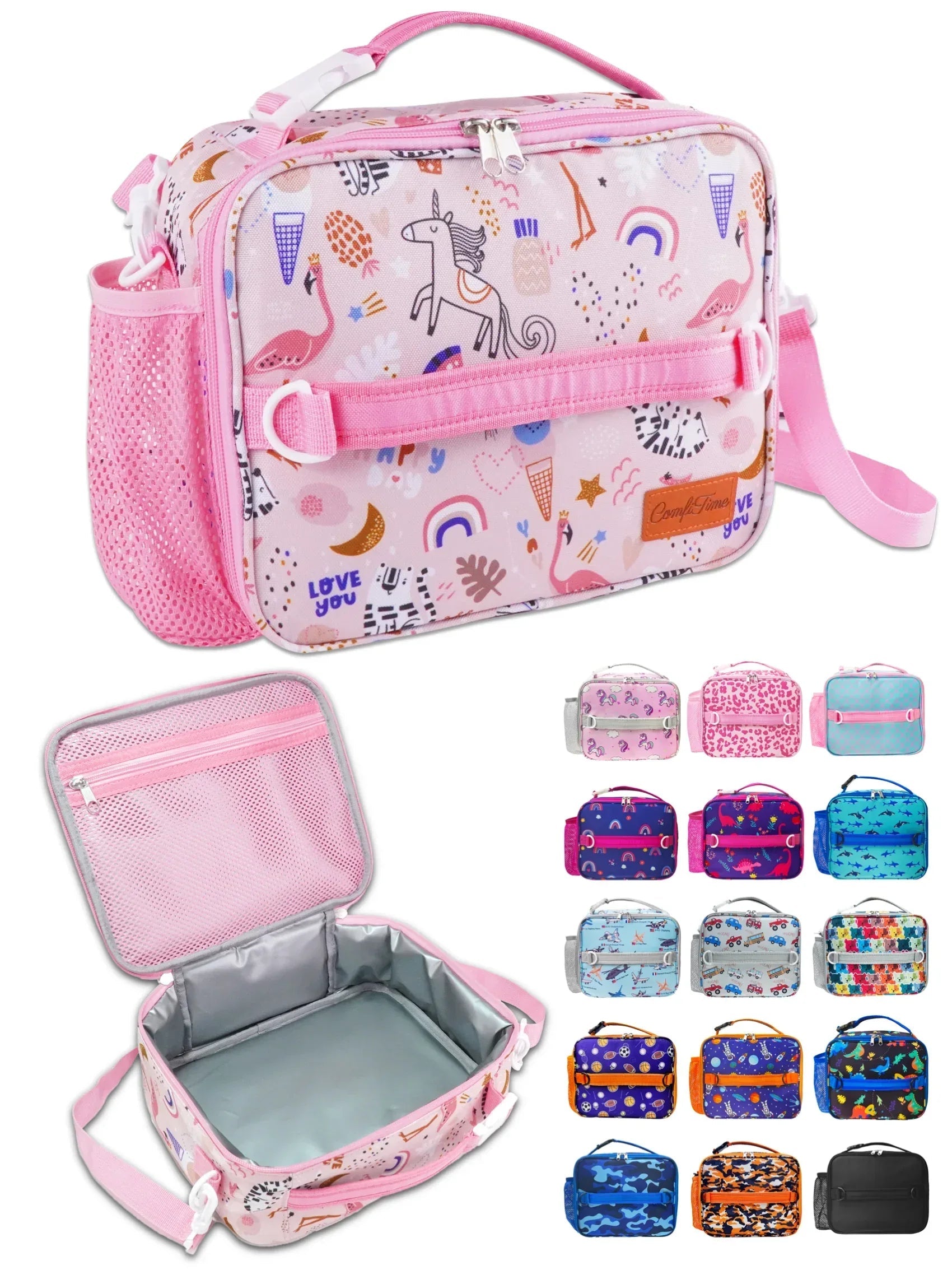 ComfiTime Lunch Bag for Kids – Insulated Lunch Box for Girls and Boys, Cute Reusable Cooler Bag with Zipper Pockets, Bottle Holder, Padded Handles and Shoulder Strap (Blue Camouflage)