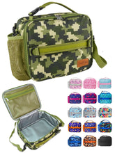 Kids insulated lunch bag in green camouflage print with zipper front pocket and padded handles