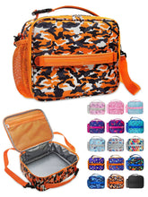 Kids insulated lunch bag in orange camouflage print with front zipper pocket and shoulder strap