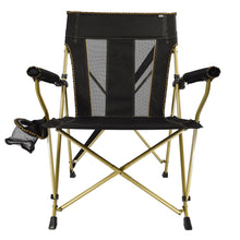 Outdoor folding hard arm chair with black mesh back and seat, cup holder, steel frame