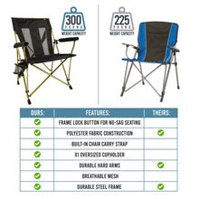 Outdoor folding hard arm chair with black mesh back, hard arms and cup holder; 300 lb capacity