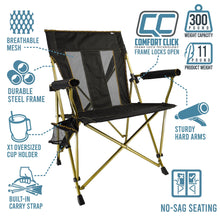Outdoor folding hard arm chair with black mesh back, hard arms and oversized cup holder