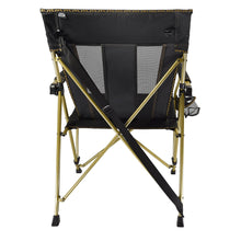 Outdoor folding hard arm chair with black mesh back and seat, steel frame, carry strap