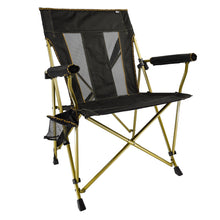 Outdoor folding hard arm chair with black mesh back, padded hard arms and cup holder