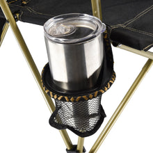 Cup holder on black hard arm chair holding a stainless steel travel cup