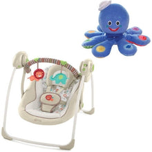 Baby portable swing with blue plush octopus toy and hanging activity toys