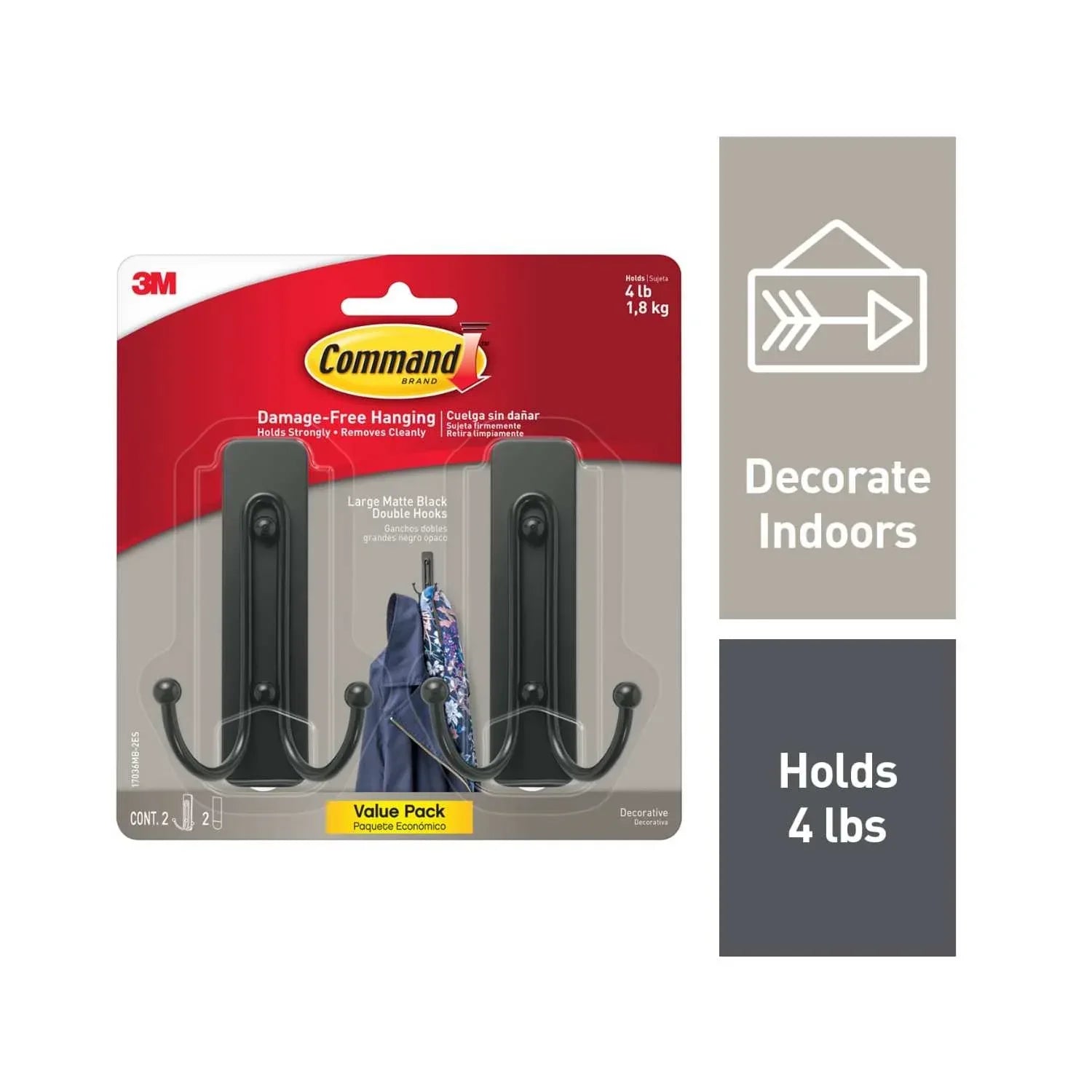 Command Large Double Wall Hooks, Black, Damage Free Decorating, 1 Hook