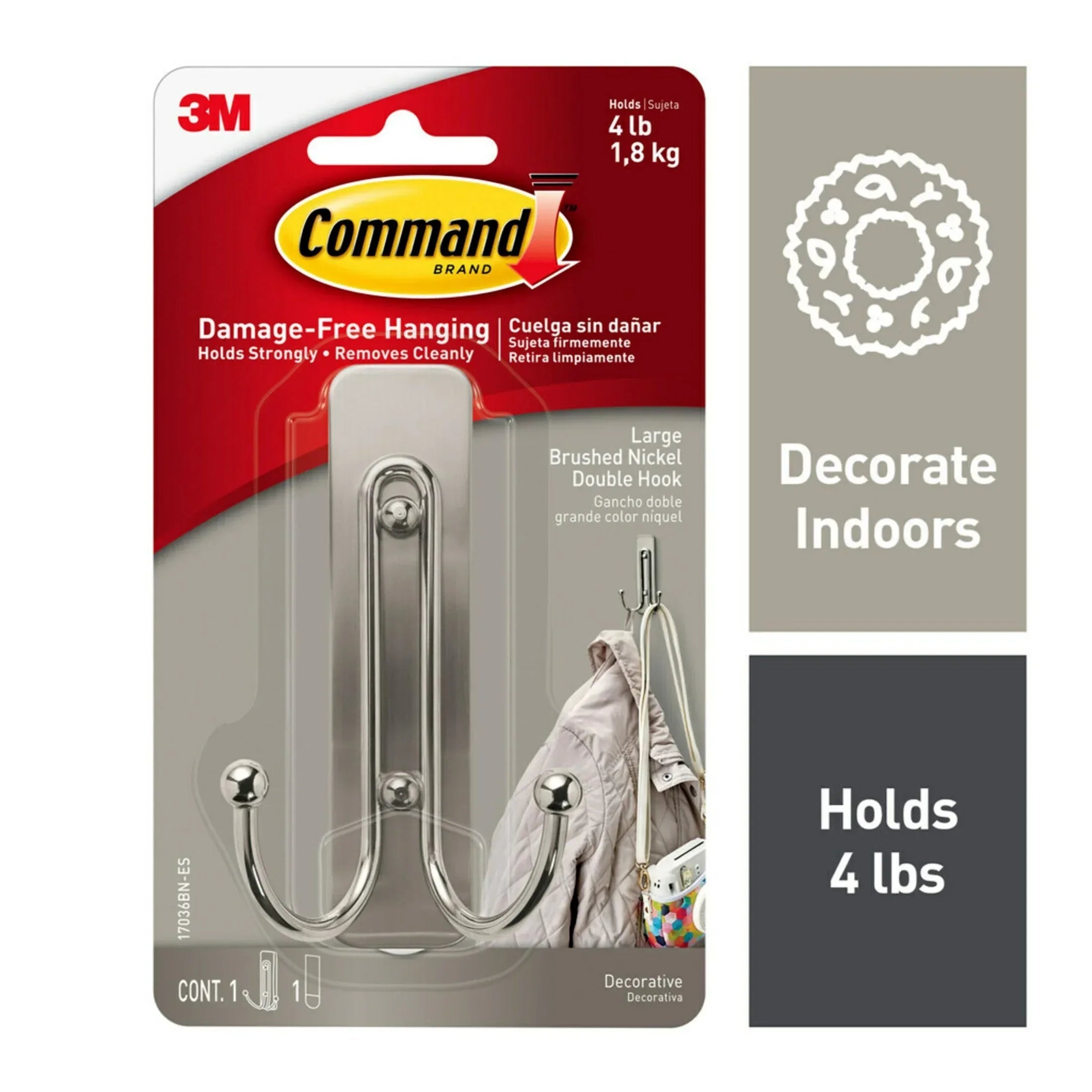 Command Large Double Wall Hooks, Black, Damage Free Decorating, 1 Hook