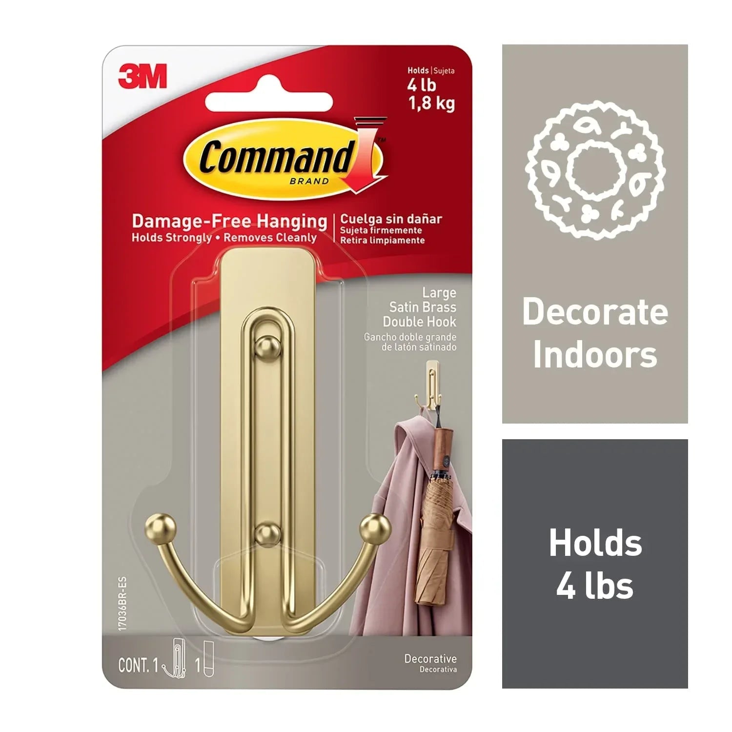 Command Large Double Wall Hooks, Black, Damage Free Decorating, 1 Hook