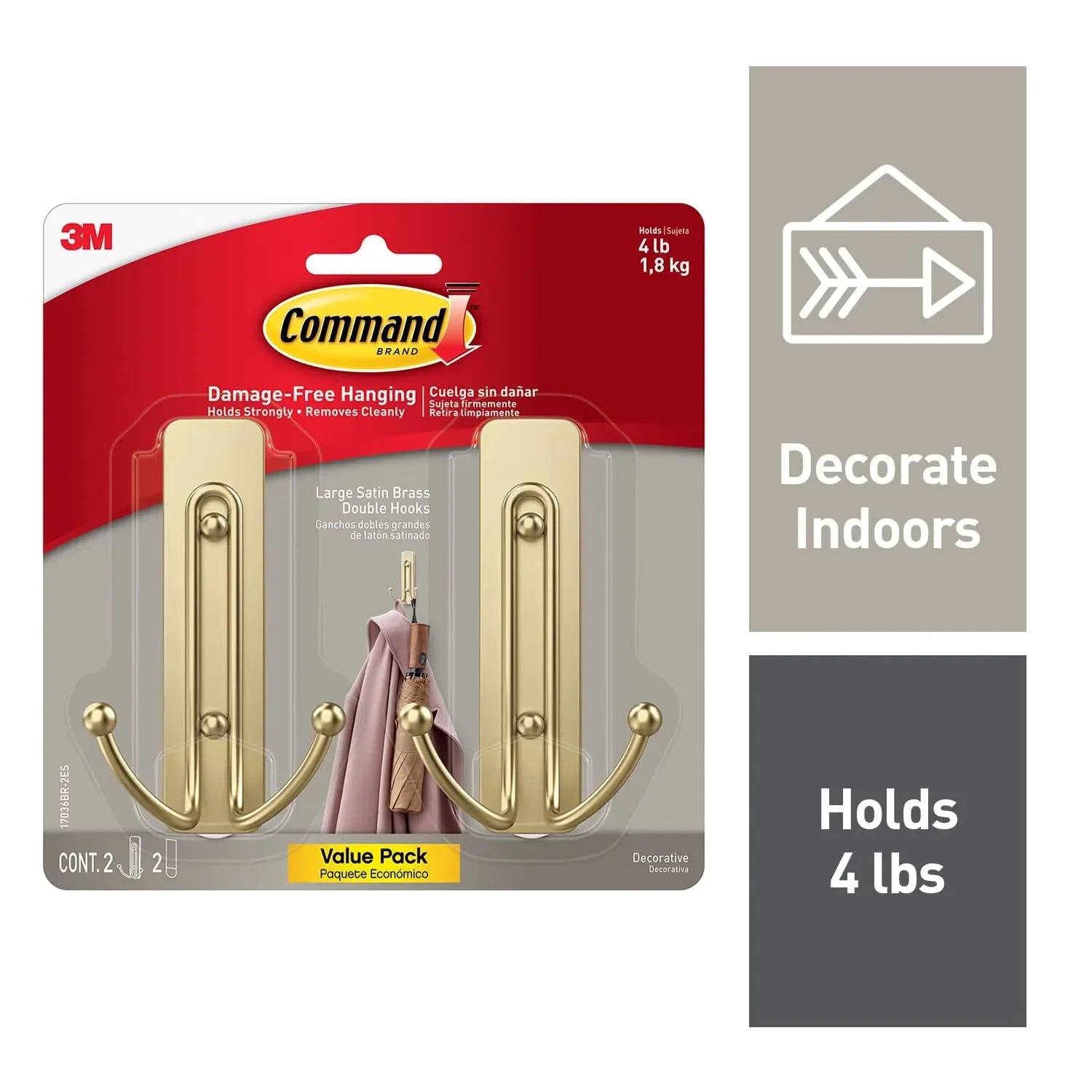 Command Large Double Wall Hooks, Black, Damage Free Decorating, 1 Hook