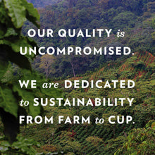 Sustainability dedication message graphic reading 'from farm to cup'