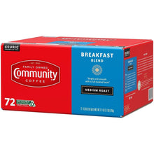 72-count Keurig coffee pods box, Community Breakfast Blend, medium roast, red and blue side
