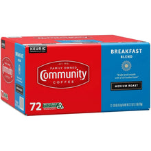 72-count Keurig coffee pods box, Community Breakfast Blend, medium roast, red side panel