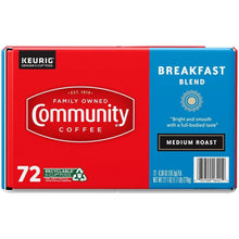 72-count Keurig coffee pods box, Community Breakfast Blend, medium roast, red and blue label