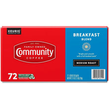 72-count Keurig coffee pods box, medium roast Breakfast Blend, red and blue with barcode