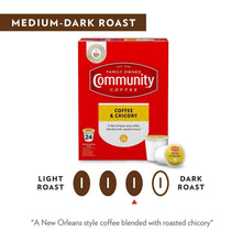 Coffee and chicory medium-dark roast box front with 24 single cups and roast scale