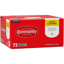 Coffee and chicory K-cup box, 72-count, angled view with Community Coffee branding