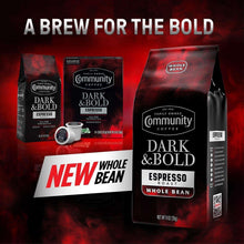 Coffee product promo showing dark & bold espresso roast bags and cups on red background.