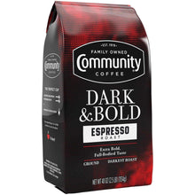 Dark & Bold espresso roast ground coffee bag, front label with red top accents.